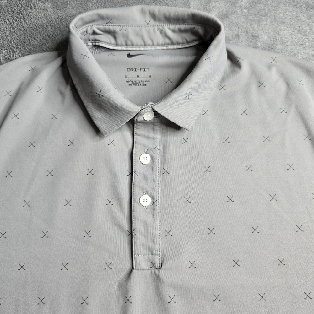 Nike Polo Shirt Mens Medium Gray Player Golf Clubs Print Dri Fit DD5471-003